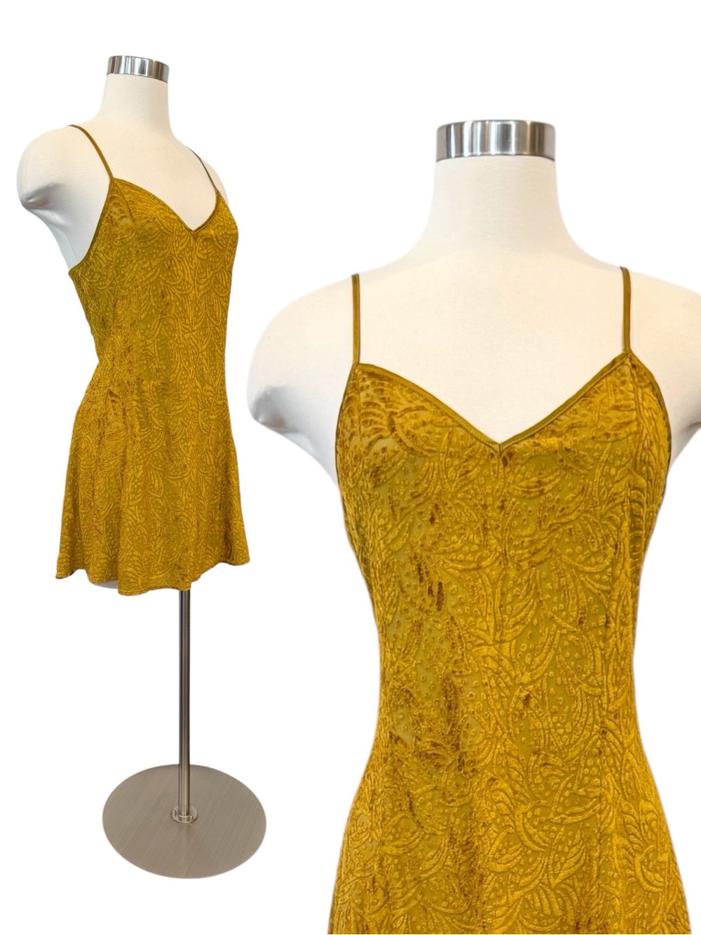 90s Victoria’s Secret Velvet Burnout Mustard Vintage Stretch Knit Slip Dress